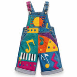 Lucky sale-Children's colorful cartoon overalls featuring a sun, musical notes, and piano pattern.