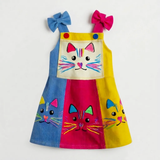 Lucky sale-Children's colorful cartoon cat-print pinafore dress with a bow