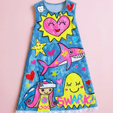 Lucky sale-Girls' Cartoon Doodle Dress Featuring Whales, Hearts, and Smiley Faces