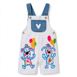 Lucky Sale-Colorful, child-like drawing style illustration of a puppy in overalls holding balloons