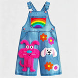 Lucky sale-Children's overalls with rainbow, calf, and puppy patterns in a rose-pink hue