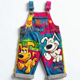 Lucky sale-Children's colorful cartoon overalls featuring a jumping puppy and flower pattern.
