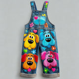 Lucky sale-Children's colorful overalls featuring a long-eared dog pattern.