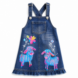 Lucky Sale- Children's colorful line-art dress featuring lambs and flowers
