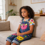 Lucky sale-Children's Colorful Doodle Cat & Flower Print Overalls