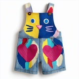 Lucky sale-Children's fuchsia overalls featuring a colorful cartoon cat and heart pattern