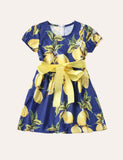 3Pcs Family Matching Lemon Floral Bow Print Belted Slip Dress - CCMOM