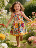 Lucky sale-Colorful cartoon-style dress for children featuring a Monet garden print.