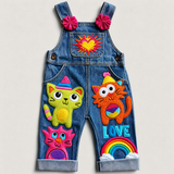 Lucky sale-Cute rainbow overalls for children featuring colorful heart patterns and small cat motifs