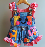 Lucky Sale-Children's Colorful Cartoon Smiley-Face Lace-Trimmed Overalls