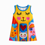Lucky sale-Colorful Cartoon Cat & Smiley Face Dress for Girls