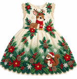 Lucky Sale-Children's colorful reindeer and squirrel dress with Christmas hat