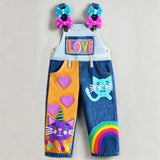 Lucky sale-Children's rainbow overalls featuring a heart-shaped kitten and "LOVE" lettering.