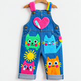 Lucky Sale-Colorful Cartoon Cat-Print Overalls for Kids (Sun & Heart Theme)