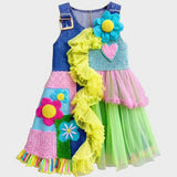 Lucky sale-Children's colorful cartoon floral and heart-print dress with an asymmetrical hem