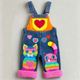 Lucky sale-Children's colorful doodle-style overalls featuring two kittens and hearts