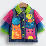 Lucky sale-Children's Short-Sleeve Top with Cartoon Cat and Multicolored Yarn Detail