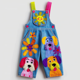 Lucky sale-Children's cartoon overalls featuring a sunflower and dog face design.