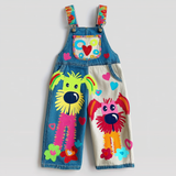 Lucky sale-Children's overalls featuring a playful, colorful cartoon-style puppy doodle print.