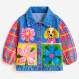 Lucky Sale-Children's jacket with colorful plaid, floral, and puppy patterns.