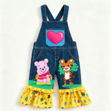 Lucky sale-Children's colorful cartoon bear and tiger print yellow overalls with scalloped trim