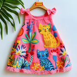 Lucky Sale-Children's Pink Cartoon Dress with Bow, Flowers, and Cat Design