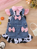 Cow Print Shirt Top + Bow Denim Suspender Shorts