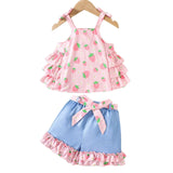 Strawberry Printed Camisole Top + Lace-like Denim Shorts Suit