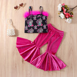 Girls' Sling Furry Top + Velvet Flared Pants Suit