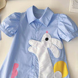 Cartoon Bunny Embroidered Short-Sleeved Shirt Dress
