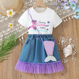 Mermaid T-shirt + Mesh Stitching Denim Skirt + Bag