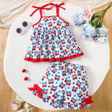 Cherry Printed Suspender Top + Lace Shorts Two-Piece Set