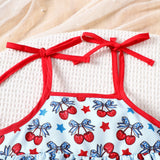 Cherry Printed Suspender Top + Lace Shorts Two-Piece Set