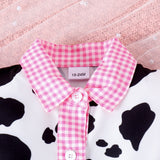 Cow Print Stitching Plaid Top + Denim Shorts Suit