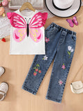 Butterfly Print Top + Flower Strawberry Embroidered Trousers