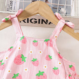 Strawberry Printed Camisole Top + Lace-like Denim Shorts Suit