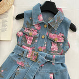 Printed Denim Sleeveless Cute Dress