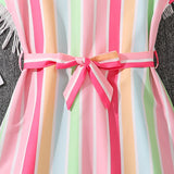 Color Striped Printed Short Sleeve Dress