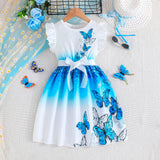 Butterfly Pattern Flounced Sleeve Dress + Belt