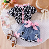 Cow Color Matching Top + Bow Ripped Jeans