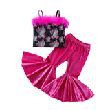 Girls' Sling Furry Top + Velvet Flared Pants Suit