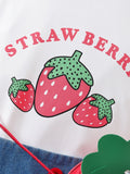 round Neck Printed Short T + Strawberry Printed Denim Shorts + Bag