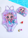 Mermaid Print Swimsuit + Swimming Cap