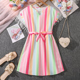 Color Striped Printed Short Sleeve Dress