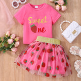 Short Sleeve Strawberry Mesh Skirt Suit
