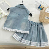 Little Girl's Fashionable Lace Vest Sleeveless Two-Piece Suit