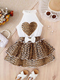 Leopard Print Heart Printing Vest Bow Lace Cake Dress Suit