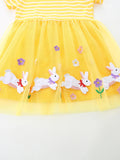 Rabbit embroidered tulle princess dress with striped patchwork short-sleeved design