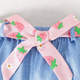 Strawberry Printed Camisole Top + Lace-like Denim Shorts Suit