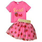 Short Sleeve Strawberry Mesh Skirt Suit